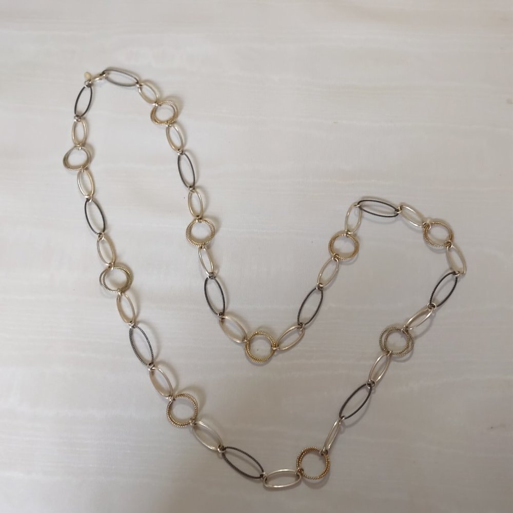 Premier Designs Two Toned Siover Black Oval Round Link Long Chain Necklace